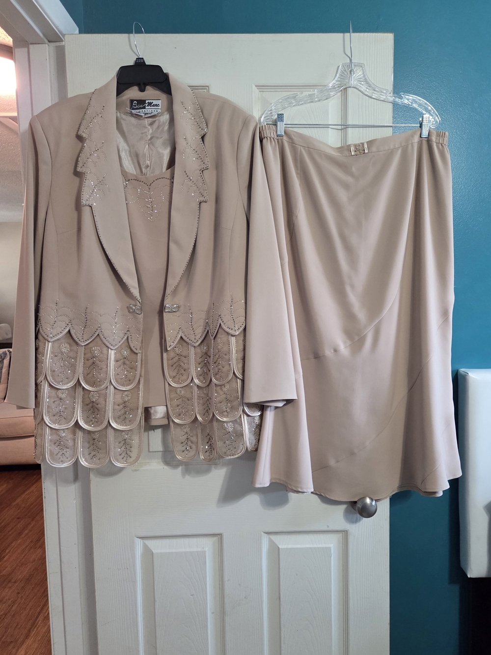 Ben Marc International 3-Piece Beaded Skirt Suit Champagne Beige